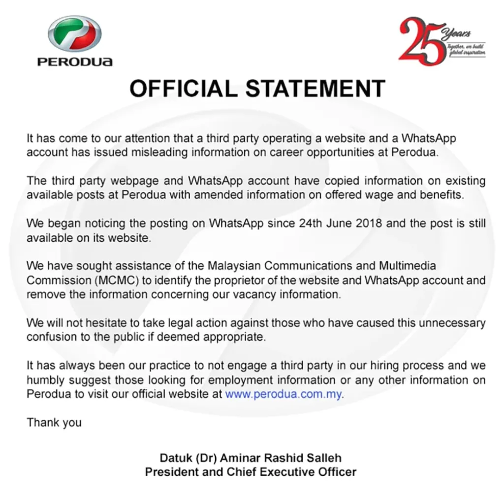 OFFICIAL STATEMENT BY PERODUA PRESIDENT AND CHIEF EXECUTIVE OFFICER, DATUK (DR) AMINAR RASHID
